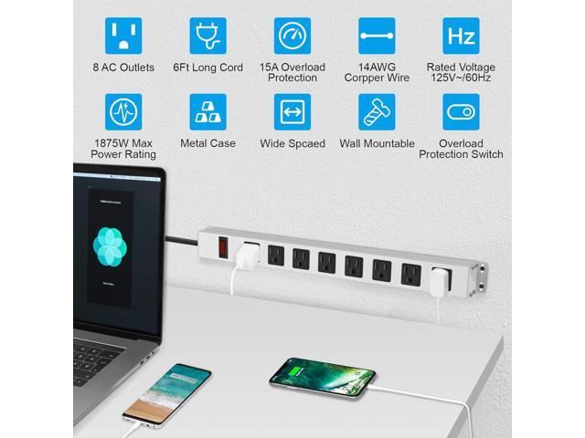 JUNNUJ Metal 8 Outlet Power Strip, Mountable Heavy Duty Power Strip, 1200J Surge Protector Wall Mount Screws Outlet with Switch, Gaming Desk Strips...
