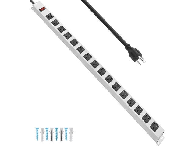 JUNNUJ Metal Long 16 Outlet Surge Protector Power Strip, White, 6 FT Plug Extender with Heavy Duty Extension Cord, Wall Mount, Wide Spaced, with...