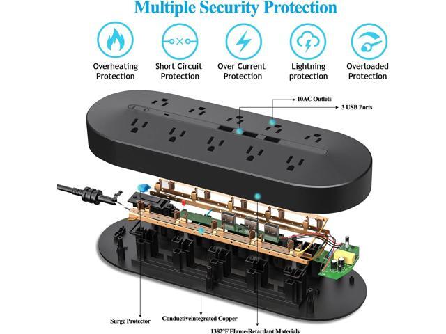10-Outlet Power Strip with 3 USB Ports, 3 Prong Adapter, 6.6ft Extension Cord, 5V 3.4A USB, Surge Protector - Black