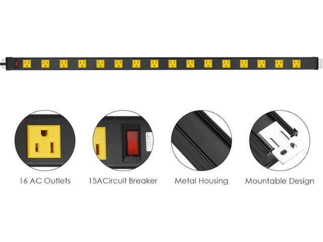 JUNNUJ Long Metal 16 Outlet Wide Spaced Garage Industrial Heavy Duty Power Strip with 6 FT Cord 15A, 125V, 1875W. Yellow