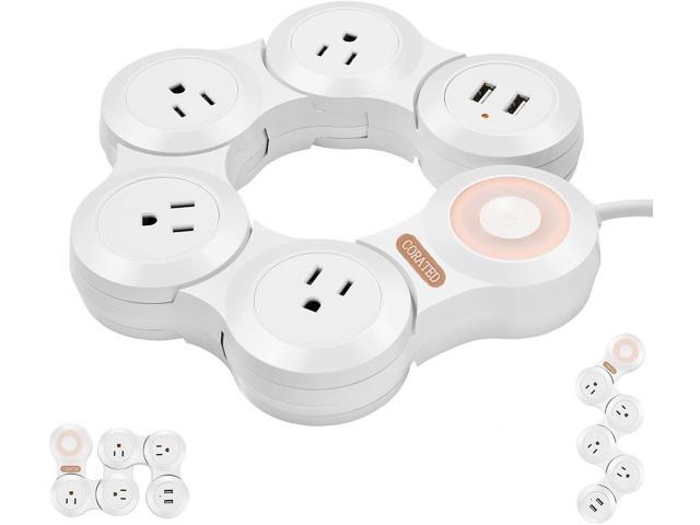 CORATED Flexible Surge Protector Power Strip with 2 USB Ports and 4 Outlets for Home, Office and Travel (9Ft Long Cord, White)