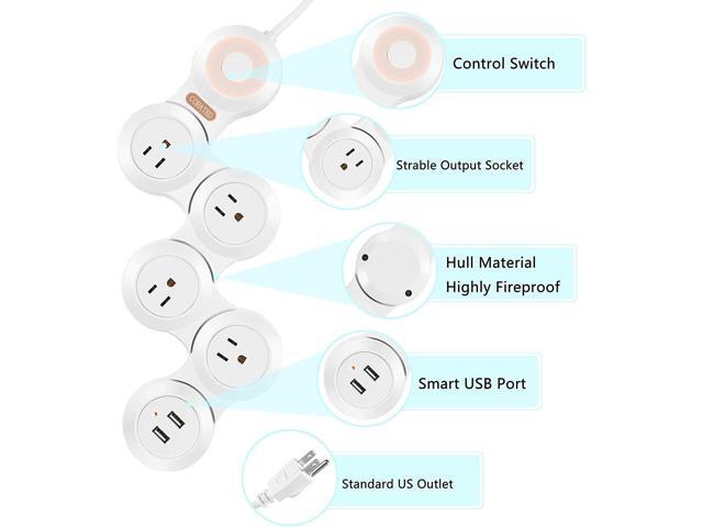 Flexible Surge Protector Power Strip with 2 USB Ports and 4 Outlets for Home, Office and Travel (9Ft Long Cord, White)