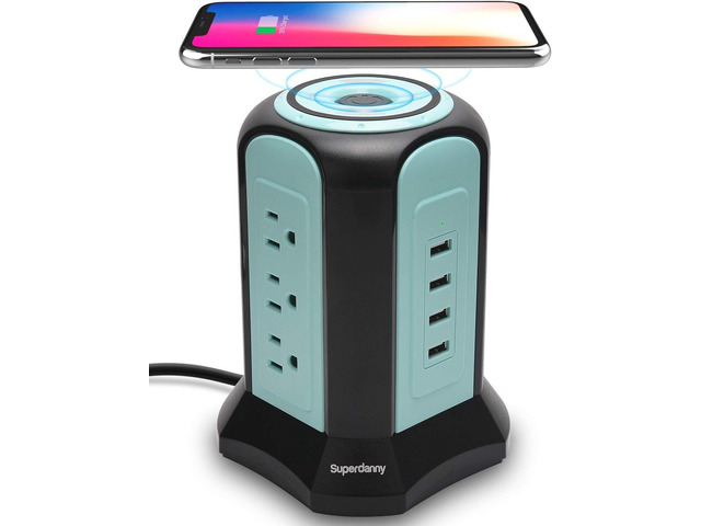 Power Strip Tower Wireless Charger, SUPERDANNY Surge Protector Tower, 10A 1080J Charger Station with 9 Outlets & 4 USB Ports, Extension Cord 10ft...