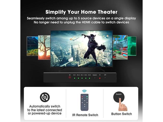 (Newest Version) ROOFULL 5 Port 4K HDMI Switch with Remote 5 in 1 Out 4K@60Hz HDMI 2.0 Video Switcher Selector, Dolby Vision/Atmos Auto-Switching...
