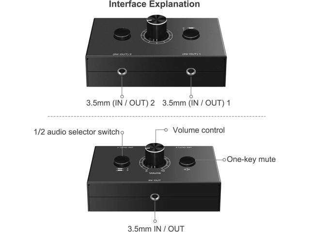 3.5mm Audio Switcher, 2 Input 1 Output / 1 Input 2 Output Audio Splitter Switcher, Audio Switcher Box, One-Key Mute Button, No External Power Required