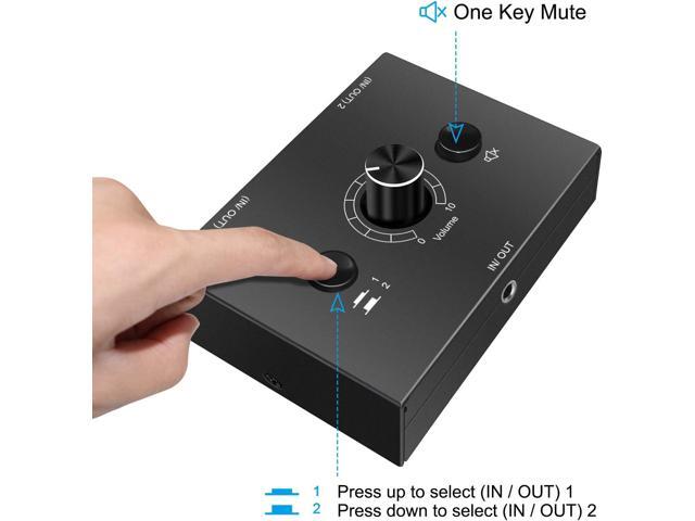 3.5mm Audio Switcher, 2 Input 1 Output / 1 Input 2 Output Audio Splitter Switcher, Audio Switcher Box, One-Key Mute Button, No External Power Required
