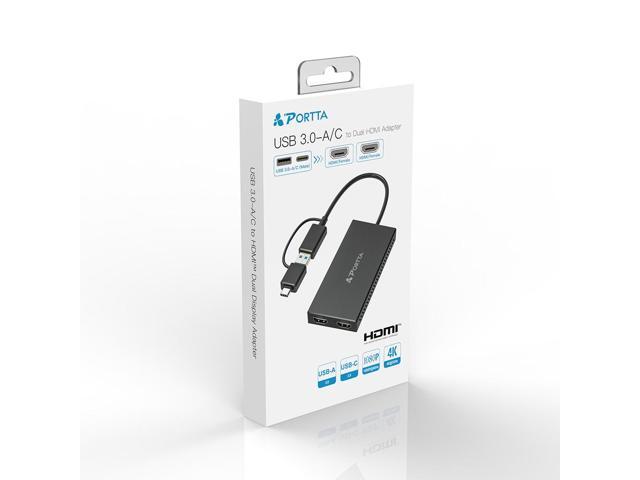 PORTTA USB to Dual HDMI Adapter, USB A/C to 2x HDMI Displays (1x 4K30Hz, 1x 1080p), Integrated USB-A to C Dongle, 4in/11cm Cable, USB 3.0 to HDMI...