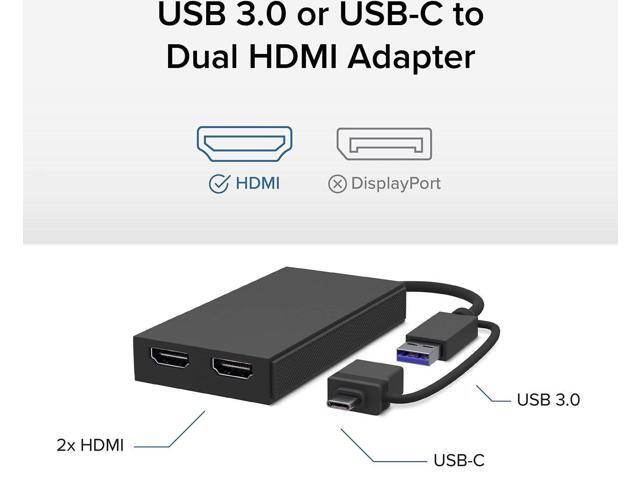 PORTTA USB to Dual HDMI Adapter, USB A/C to 2x HDMI Displays (1x 4K30Hz, 1x 1080p), Integrated USB-A to C Dongle, 4in/11cm Cable, USB 3.0 to HDMI...