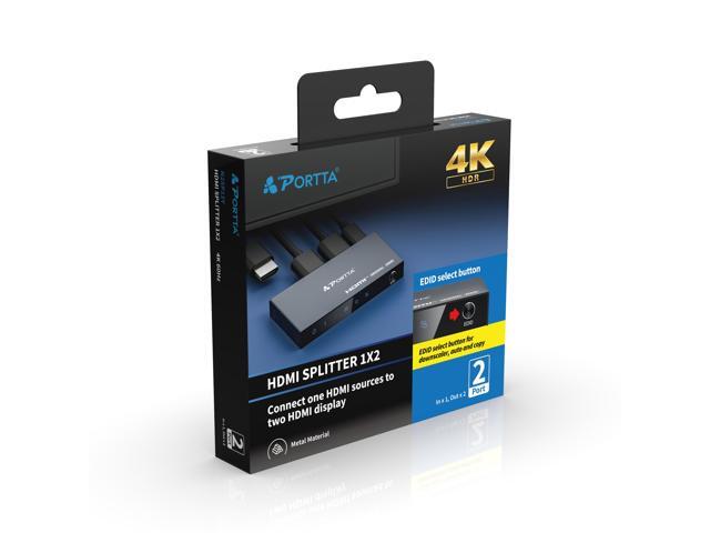 PORTTA 4K HDMI 2-Port Video Splitter 1x2 HDMI Splitter w/ Solid Aluminum Housing 4K 60Hz
