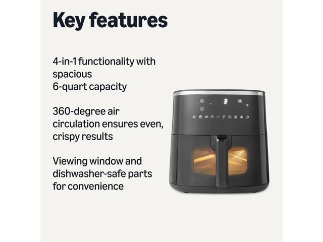 Fashion 6-Quart Air Fryer with Easy View Window, 8 Preset Menus, 1550W, Black