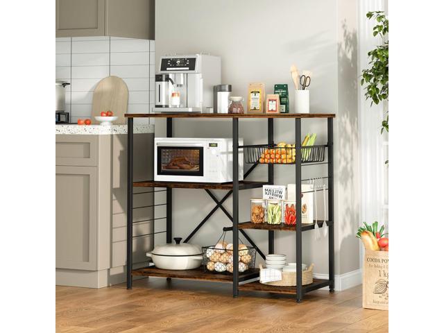 Rustic Brown Kitchen Bakers Rack with Coffee Bar & Microwave Stand