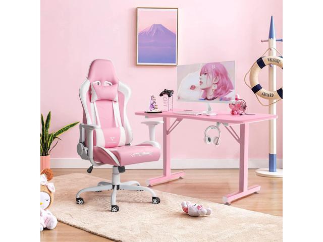 Pink Gaming Chair for Girl, Cute Kawaii Racing Office Desk Chair,Adjustable High Back Swivel Leather Game Chair with Lumbar Support and Headrest
