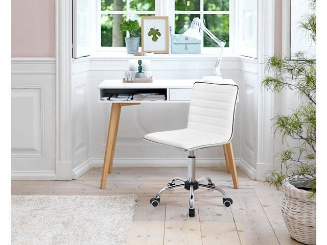 Furmax Mid Back Vanity Chair for Makeup Room, Low Back PU Leather Swivel Computer Desk, Task and Office Chair Retro with Armless Ribbed (White)