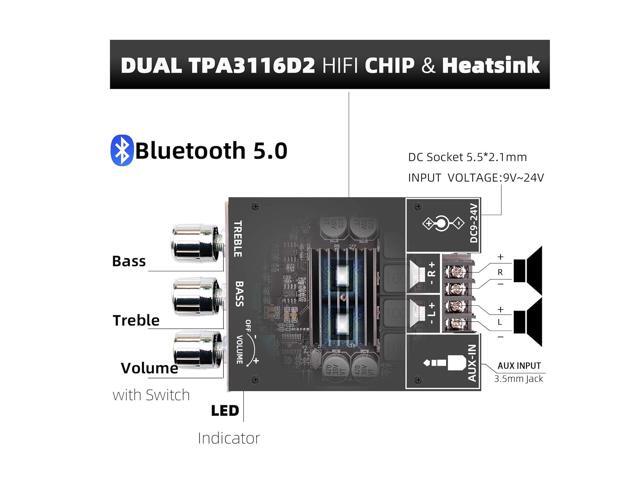 100W+100W Amplifier Board with Treble and Bass Control, DC 9-24V, BT and AUX Inputs, 2.0 Channel Stereo AMP Board for DIY Wireless Speakers,...
