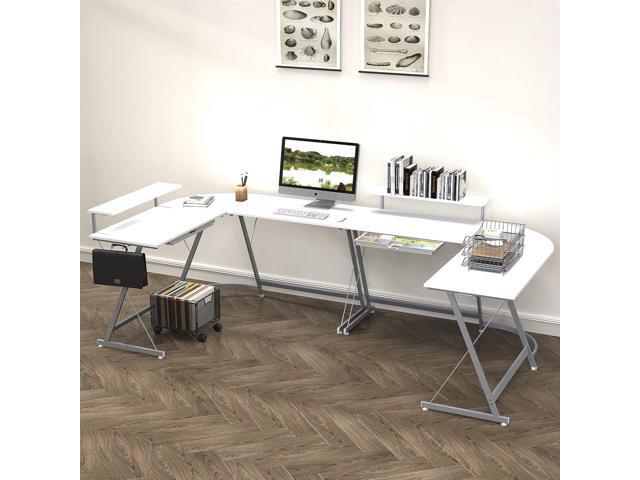 SHW Vista L-Shape Desk with Monitor Stand, White