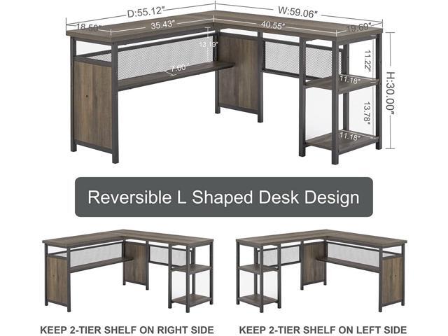 FATORRI L Shaped Desk, Industrial Reversible Home Office Computer Desk with Wood Shelves, Corner Desks with Metal Legs (Walnut Brown, 59 Inch)