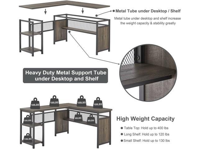 FATORRI L Shaped Desk, Industrial Reversible Home Office Computer Desk with Wood Shelves, Corner Desks with Metal Legs (Walnut Brown, 59 Inch)