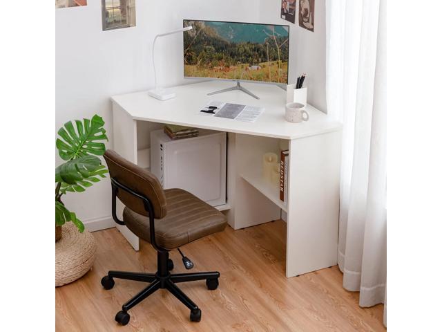Tangkula White Corner Desk - 90 Degrees Triangle for Computer, Small Space, Bedroom, Makeup Vanity Desk with Storage Shelves & CPU Stand, Space...