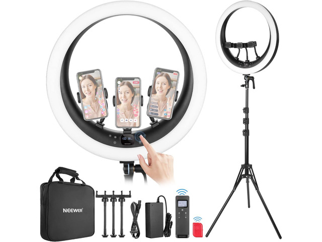 NEEWER Ring Light RP19H 19 Inch with Tripod Stand 3 Phone Holders Compatible with iPhone, Upgraded 2.4G Touch Control Ringlight for Video Recording...