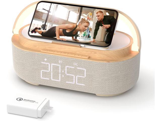 Bluetooth Speaker Alarm Clock with Wireless Charger, FM Radio, Adjustable LED Night Light, 6 in 1 Bedroom Portable Speaker 2500mAh, Phone Stand for...