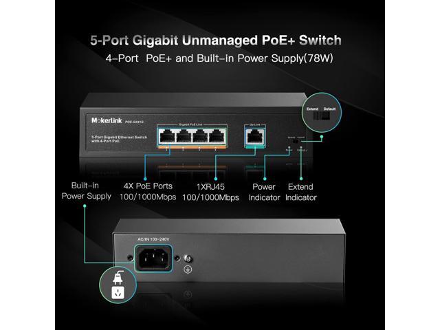 MokerLink 5 Port Gigabit POE Switch, with 4 POE+ Ports 1000Mbps, 78W IEEE802.3af/at, Unmanaged Plug and Play, Sturdy Metal Fanless