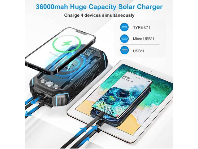 Solar Power Bank 36000mAh,Qi Wireless Charger Built in 3 Cables, Portable Charger Battery Bank with 3 Input 4 Output,Waterproof Battery Pack...