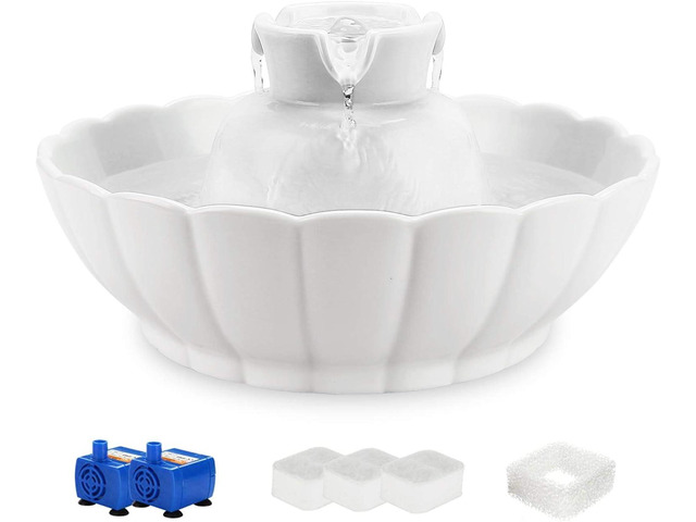 iPettie Tritone Ceramic Cat Water Fountain, Heavy-Duty Waterer for Pets 2.1 Liters / 2.2 Quart Filtered Water Purifier with Replacement Filters...