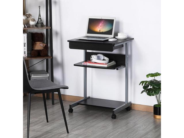 Topeakmart Mobile Compact Computer Desk Cart for Small Spaces, Work Workstation, Writing Desk Table with Drawers and Printer Shelf on Wheels