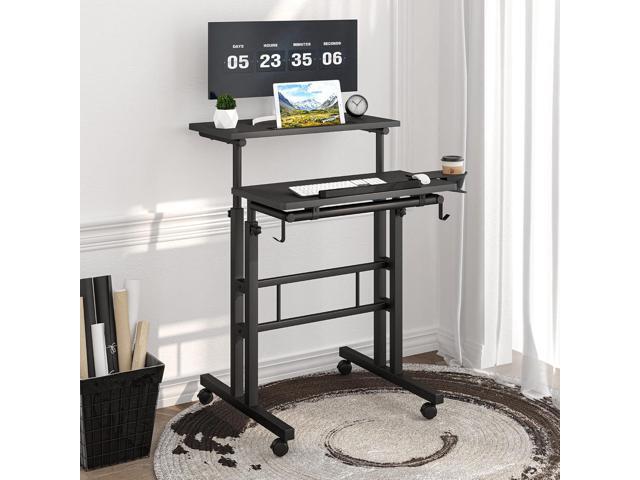 Klvied Mobile Standing Desk with Cup Holder, Portable Stand Up Desk, Adjustable Height Small Standing Desk, Rolling Desk with Wheels, Home Office...