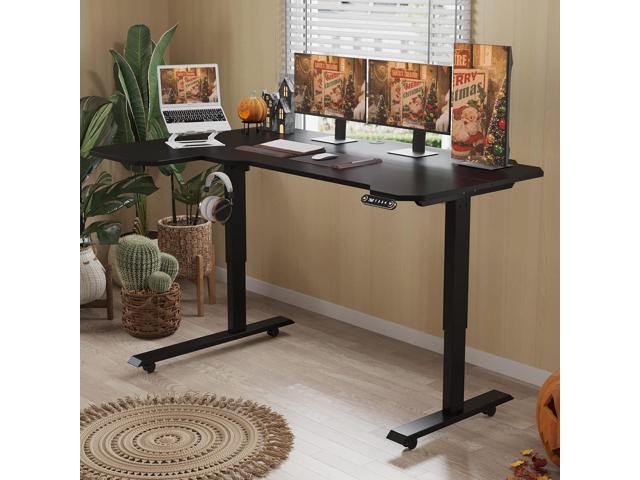 BUNOEM L-Shaped 59' Height Adjustable Electric Standing Desk, Sit and Stand Up Computer Desk For Home Office with Splice Board (Black Top, Black...