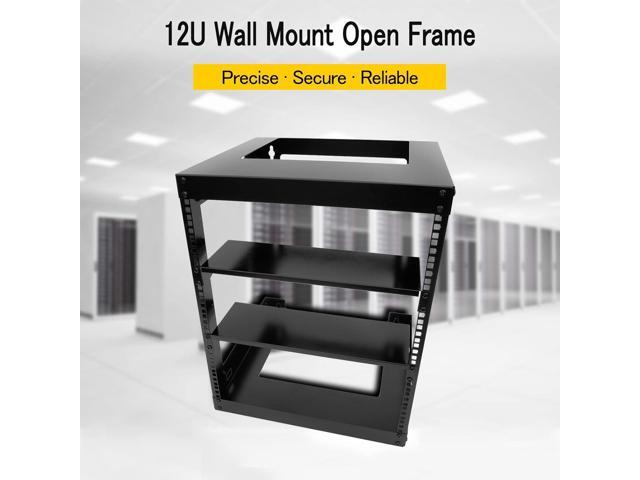 Raising Electronics 12U Wall Mount Open Frame 19 Inch Server Equipment Rack 15 Inch Depth Black with 2 Shelves