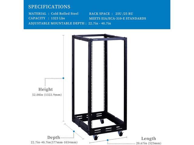 RackPath 25U Open Frame Server Rack Heavy Duty 4 Post Adjustable Depth with Casters