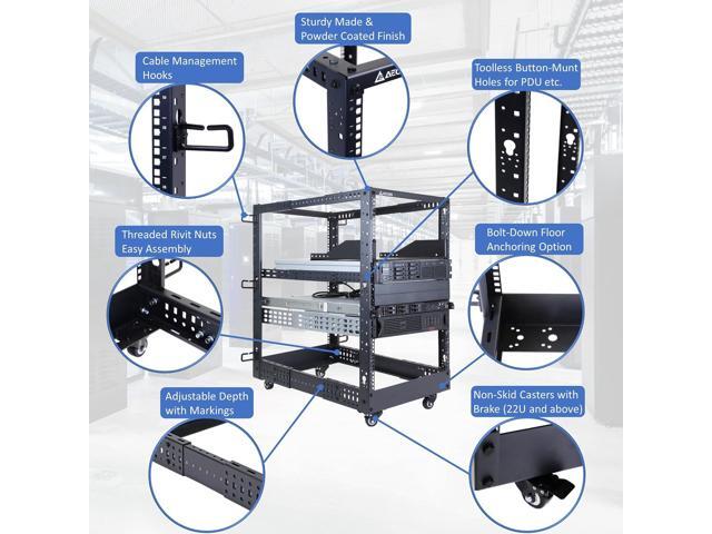 AEONS 18U 4-Post IT Open Frame Server Rack 19 Inch Depth-Adjustable (22' to 40') Network Equipment AV Gear w/Cable Management