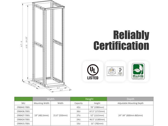 Raising Electronics Server Rack 4 Post Open Rack Frame Rack Enclosure 19 Inch Adjustable Depth Aluminum (42U,82Inch Height)