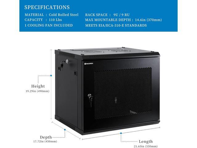 RackPath 9U Wall Mount Server Cabinet Network Rack Enclosure, Quiet Cooling Fan, Perforated Door, Black