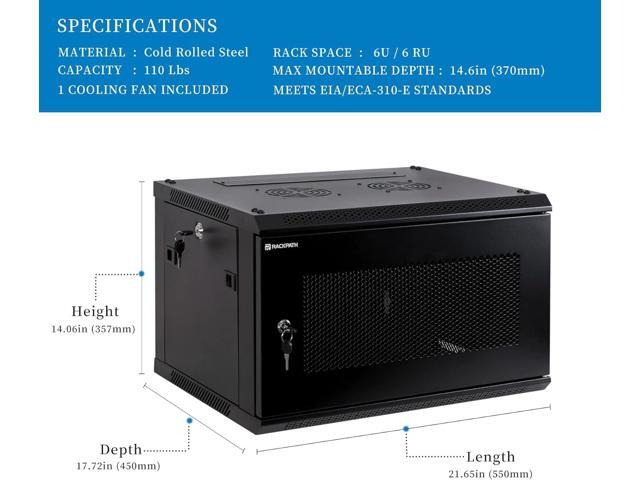 RackPath 6U Wall Mount Server Cabinet Network Rack Enclosure, Quiet Cooling Fan, Perforated Door, Black