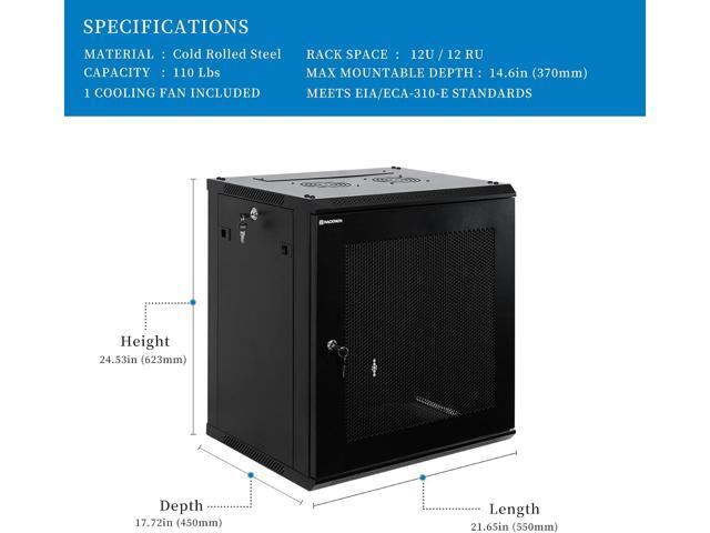 RackPath 12U Wall Mount Server Cabinet Network Rack Enclosure, Quiet Cooling Fan, Perforated Door, Black