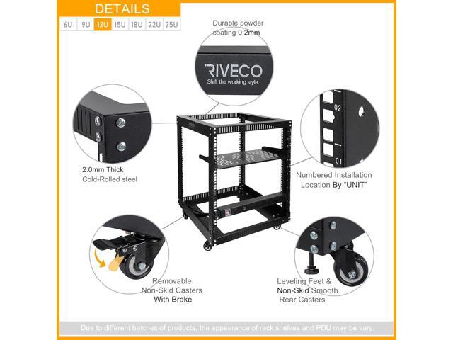 RIVECO 12U Server Rack Open Frame with Wheels + PDU (8 Outlets) Power Strip Surge Protector +1 Shelf Cantilever Tray Set Black