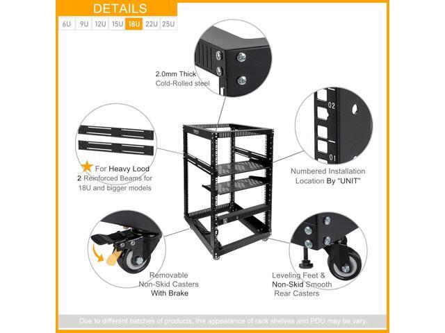 RIVECO 18U Open Frame Server Rack with Brake Casters + PDU (8 Outlets) Power Strip Surge Protector + 2 Pcs Shelves Cantilever Tray Set Black
