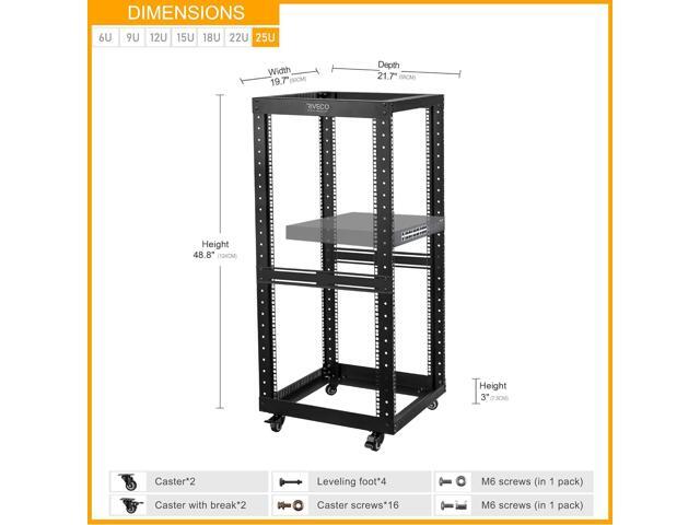 RIVECO 25U Open Frame Server Rack with Wheels- Heavy Duty 4 Post Quick Assembly 19-inch Support 600KG Equipment Thick Cold Rolled Steel Cabinet Black