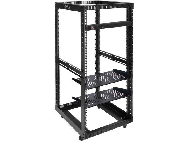 RIVECO 25U Open Frame Server Rack with Wheels + PDU (8 Outlets) Power Strip Surge Protector (2pcs Rack Shelves +1 PDU, 25U)