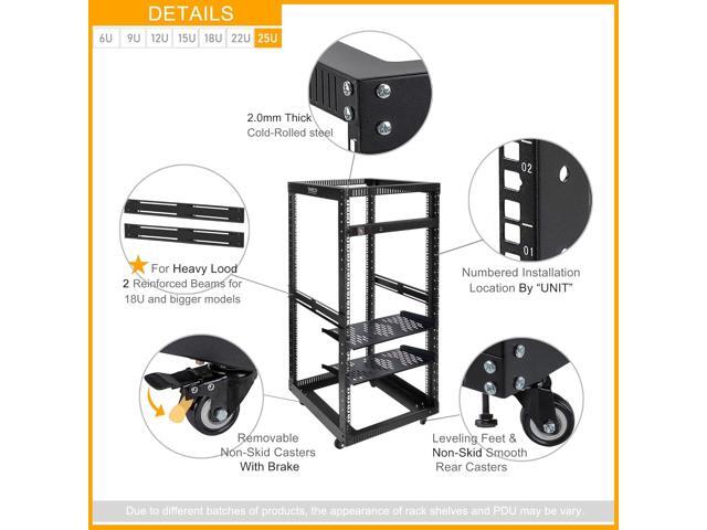 RIVECO 25U Open Frame Server Rack with Wheels + PDU (8 Outlets) Power Strip Surge Protector (2pcs Rack Shelves +1 PDU, 25U)
