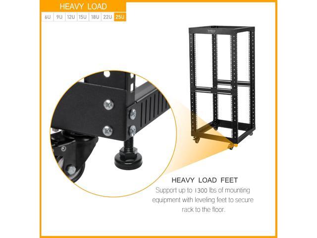 RIVECO 25U Open Frame Server Rack with Wheels- Heavy Duty 4 Post Quick Assembly 19-inch Support 600KG Equipment Thick Cold Rolled Steel Cabinet Black