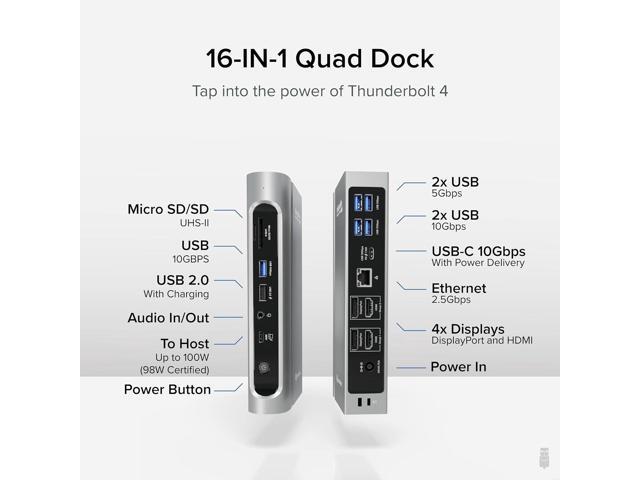 Plugable 16-in-1 Thunderbolt 4 Dock with 100W Charging, Quad 4K Monitor Setup for Thunderbolt 4 Windows, Dual 4K Monitor for Thunderbolt 4 Mac, 2X...