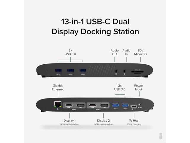 Plugable 13-in-1 USB C Docking Station Dual Monitor, 100W Charging, Dual 4K Displays 2X HDMI or 2X DisplayPort, Compatible with Mac, Windows,...