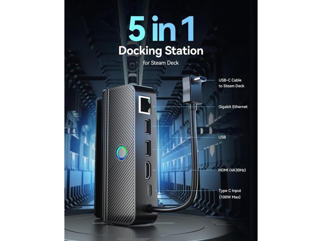 Steam Deck Dock with LED Light, 5-in-1 Steam Dock with Gigabit Ethernet, HD 2.0, 2 USB-A, 100W Full Speed Charging Port, Docking Station for Steam...