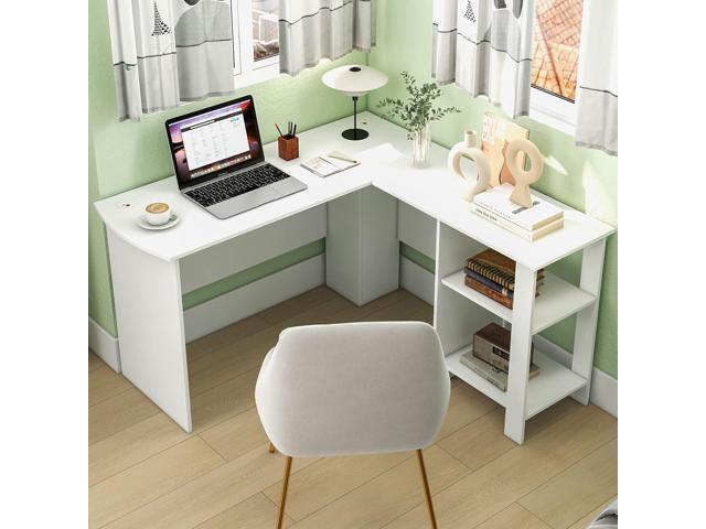 Tangkula White L Shaped Desk with Storage Shelves, Wooden Corner Computer Desk, Space-Saving Home Office Workstation, Gaming Desk, Writing Study...