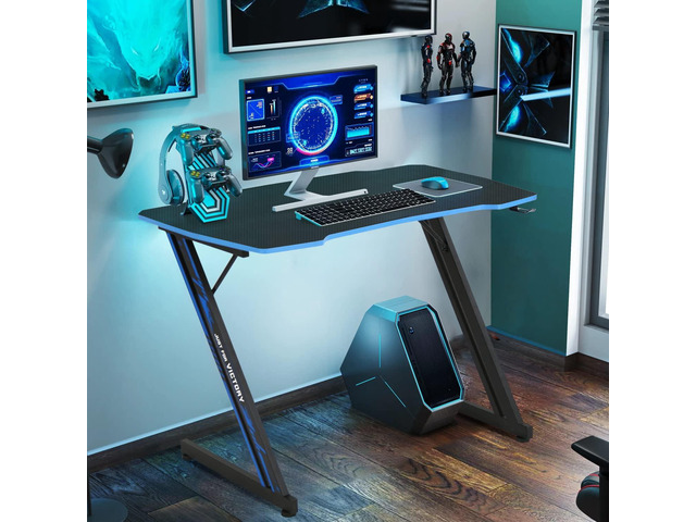 Large PC Gaming Desk 47 in Computer Desk with Headphone Hook Z-Shaped Gaming Table Home Office Desks Workstations for Small Places, Carbon Fiber...