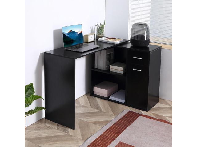 HOMCOM L Shaped Computer Desk, 180° Rotating Corner Desk with Storage Shelves, Drawer and Cabinet, Study Workstation for Home Office, Black
