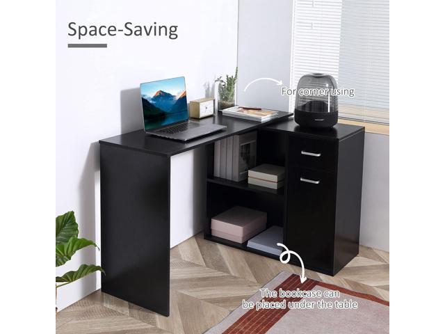 HOMCOM L Shaped Computer Desk, 180° Rotating Corner Desk with Storage Shelves, Drawer and Cabinet, Study Workstation for Home Office, Black